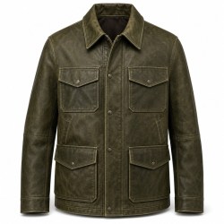Men's Olive Green Utility Leather Jacket, Plain Spanish Utility Cut