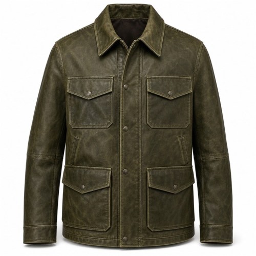 Men's Olive Green Utility Leather Jacket, Plain Spanish Utility Cut