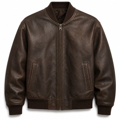 Men's Deep Coffee Urban Bomber Leather Jacket, Plain Spanish Cut