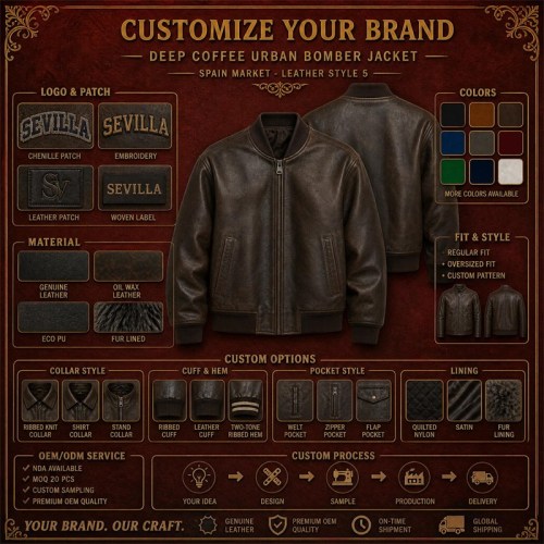 Men's Deep Coffee Urban Bomber Leather Jacket, Plain Spanish Cut