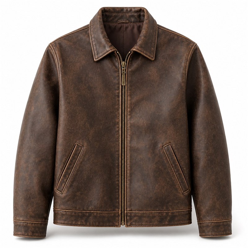 Men's Deep Brown Distressed Retro PU Leather Jacket, Spanish Cut