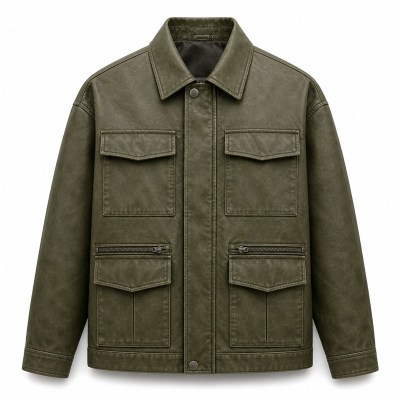 Men's Olive Green Functional Utility PU Jacket, Plain Spanish Cut