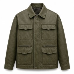 Men's Olive Green Functional Utility PU Jacket, Plain Spanish Cut