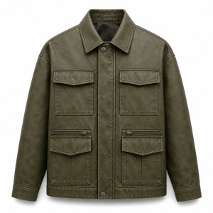 Men's Olive Green Functional Utility PU Jacket, Plain Spanish Cut