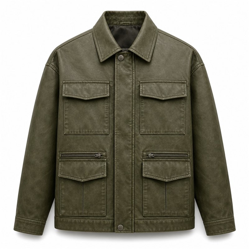 Men's Olive Green Functional Utility PU Jacket, Plain Spanish Cut