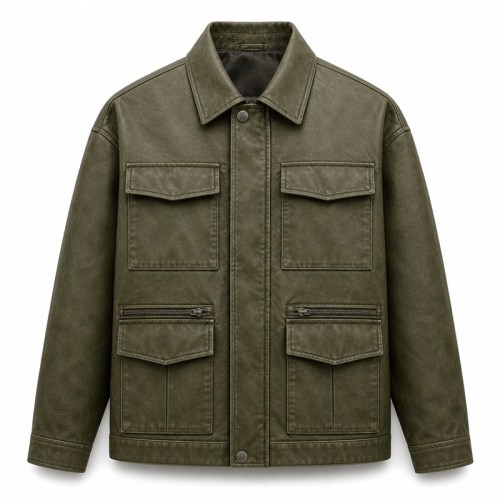 Men's Olive Green Functional Utility PU Jacket, Plain Spanish Cut