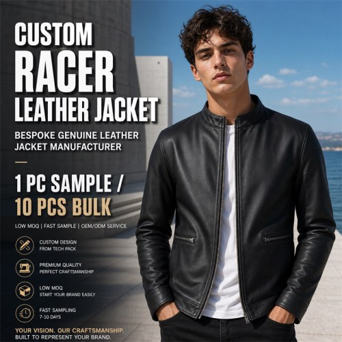 Men's Matte Black Lightweight Racer Leather Jacket, Plain Portuguese Cut