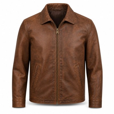 Men's Tobacco Brown Urban Casual Leather Jacket, Plain Portuguese Cut
