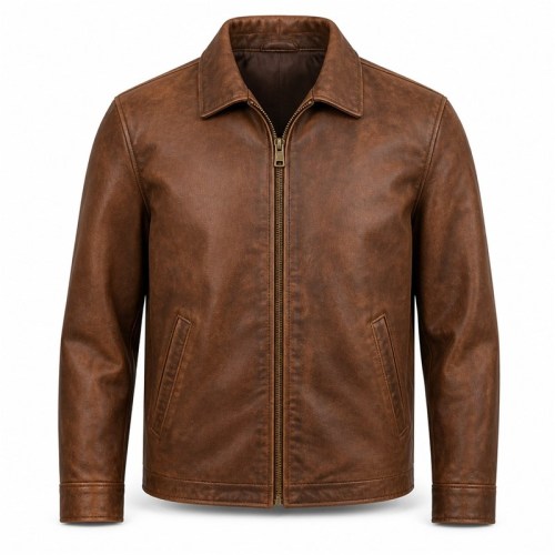 Men's Tobacco Brown Urban Casual Leather Jacket, Plain Portuguese Cut