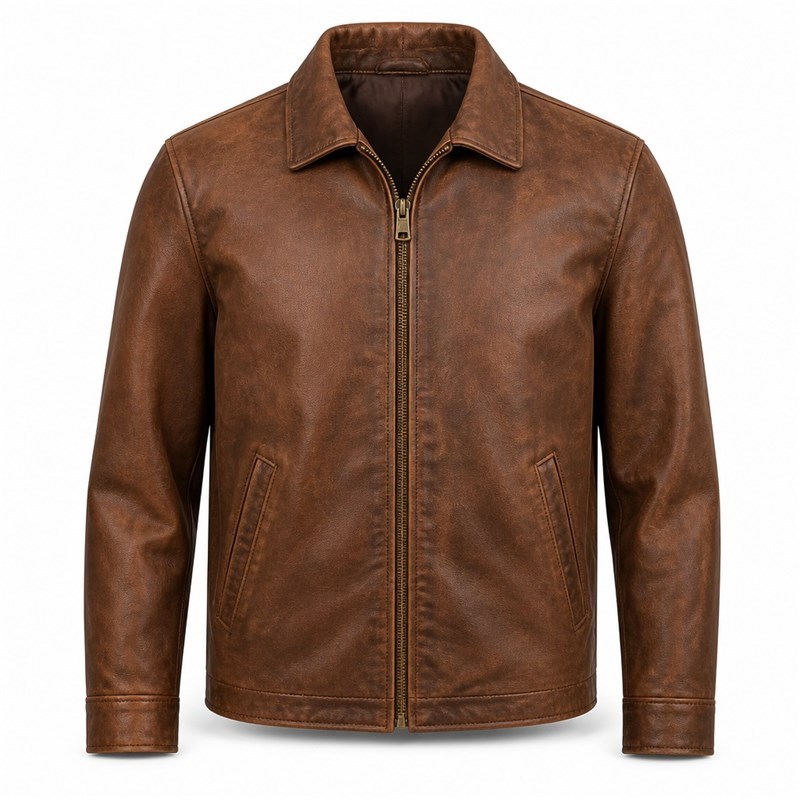 Men's Tobacco Brown Urban Casual Leather Jacket, Plain Portuguese Cut