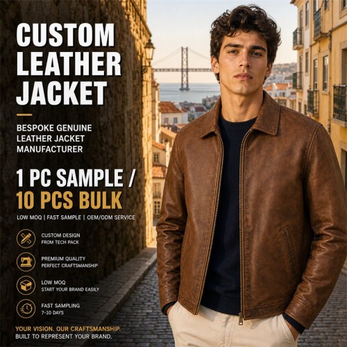 Men's Tobacco Brown Urban Casual Leather Jacket, Plain Portuguese Cut