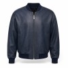 Men's Navy Blue Short Bomber Leather Jacket, Plain Portuguese Cut