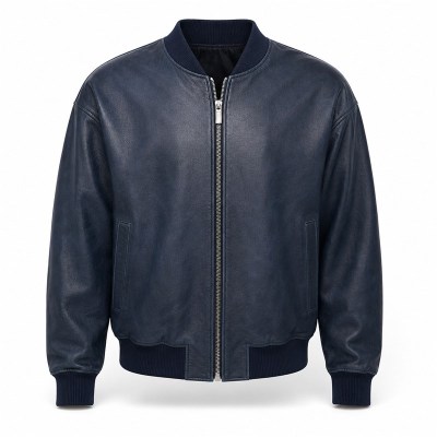 Men's Navy Blue Short Bomber Leather Jacket, Plain Portuguese Cut