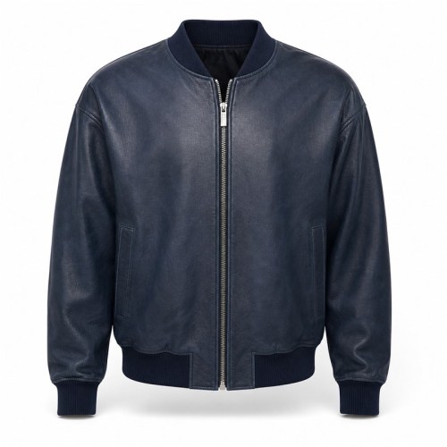 Men's Navy Blue Short Bomber Leather Jacket, Plain Portuguese Cut