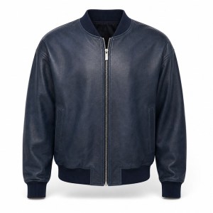Men's Navy Blue Short Bomber Leather Jacket, Plain Portuguese Cut