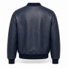 Men's Navy Blue Short Bomber Leather Jacket, Plain Portuguese Cut