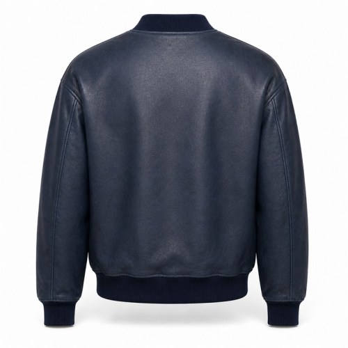 Men's Navy Blue Short Bomber Leather Jacket, Plain Portuguese Cut
