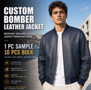 Men's Navy Blue Short Bomber Leather Jacket, Plain Portuguese Cut