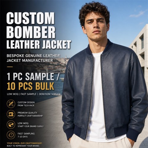 Men's Navy Blue Short Bomber Leather Jacket, Plain Portuguese Cut