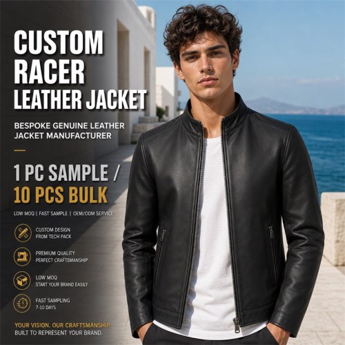 Men's Matte Black Lightweight Racer Leather Jacket, Plain Greek Cut