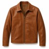 Men's Cognac Brown Tumbled Leather Jacket, Plain Greek Leisure Cut