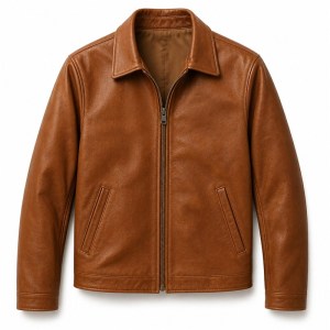 Men's Cognac Brown Tumbled Leather Jacket, Plain Greek Leisure Cut