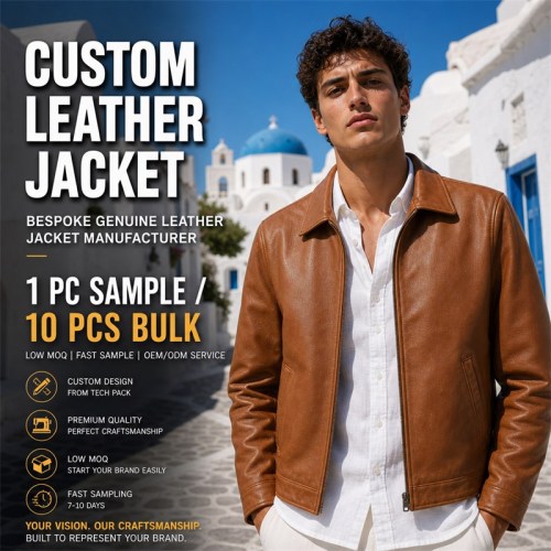 Men's Cognac Brown Tumbled Leather Jacket, Plain Greek Leisure Cut