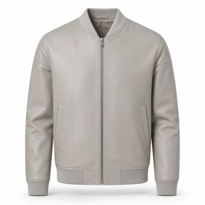 Men's Reef Grey Lightweight Leather Bomber Jacket, Plain Greek Cut