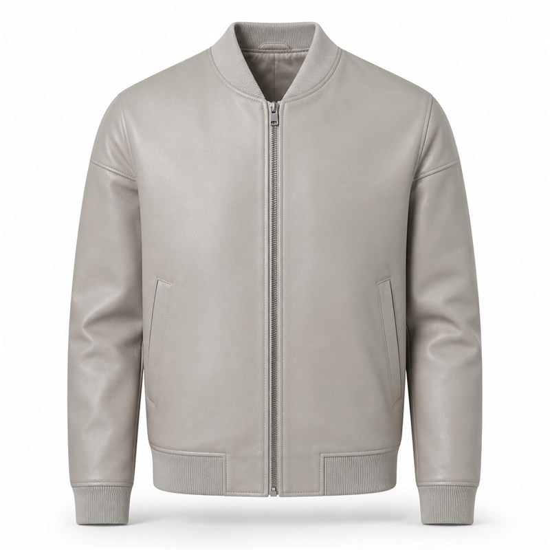 Men's Reef Grey Lightweight Leather Bomber Jacket, Plain Greek Cut