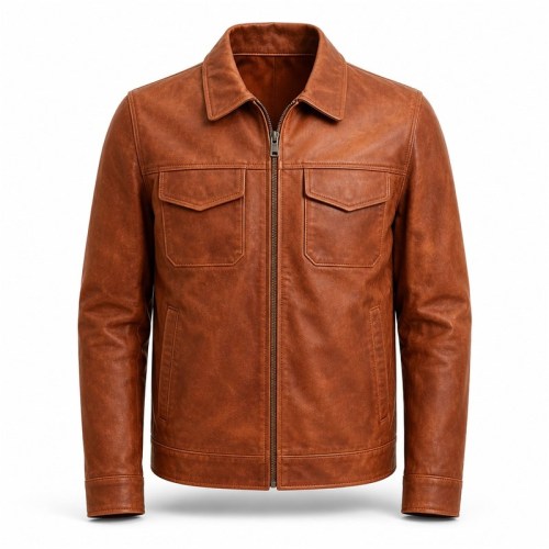 Men's Sunset Terracotta Urban Coastal Leather Jacket, Greek Cut