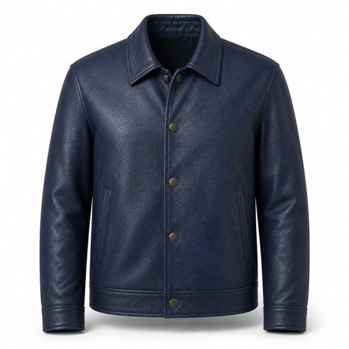 Men's Aegean Navy Blue Button Leather Jacket, Plain Greek Cut