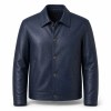 Men's Aegean Navy Blue Button Leather Jacket, Plain Greek Cut