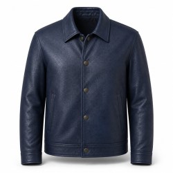 Men's Aegean Navy Blue Button Leather Jacket, Plain Greek Cut