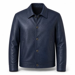 Men's Aegean Navy Blue Button Leather Jacket, Plain Greek Cut