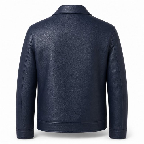 Men's Aegean Navy Blue Button Leather Jacket, Plain Greek Cut
