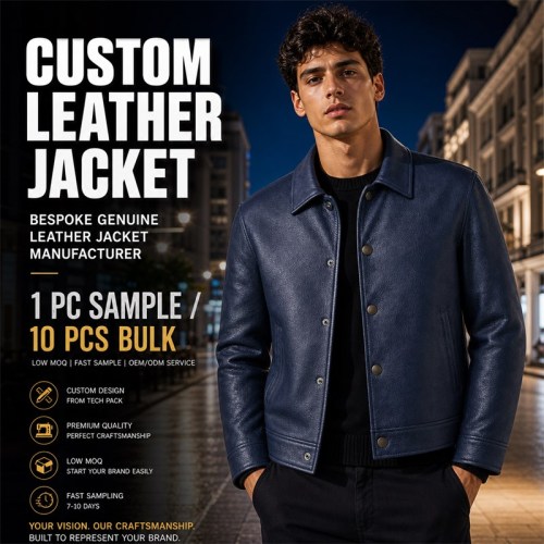 Men's Aegean Navy Blue Button Leather Jacket, Plain Greek Cut