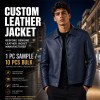 Men's Aegean Navy Blue Button Leather Jacket, Plain Greek Cut