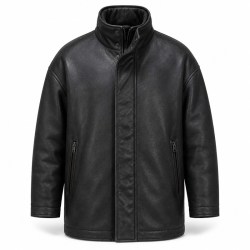 Men's Matte Charcoal Black Windproof Leather Jacket, Icelandic Cut