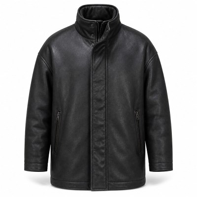 Men's Matte Charcoal Black Windproof Leather Jacket, Icelandic Cut