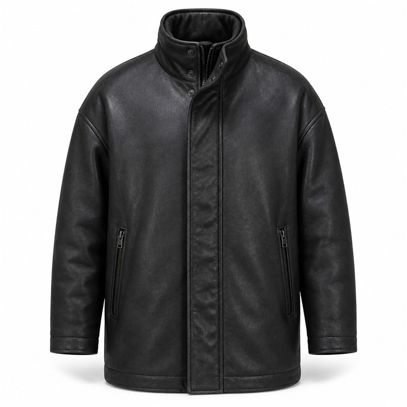 Men's Matte Charcoal Black Windproof Leather Jacket, Icelandic Cut