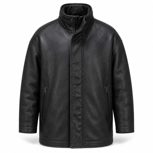 Men's Matte Charcoal Black Windproof Leather Jacket, Icelandic Cut