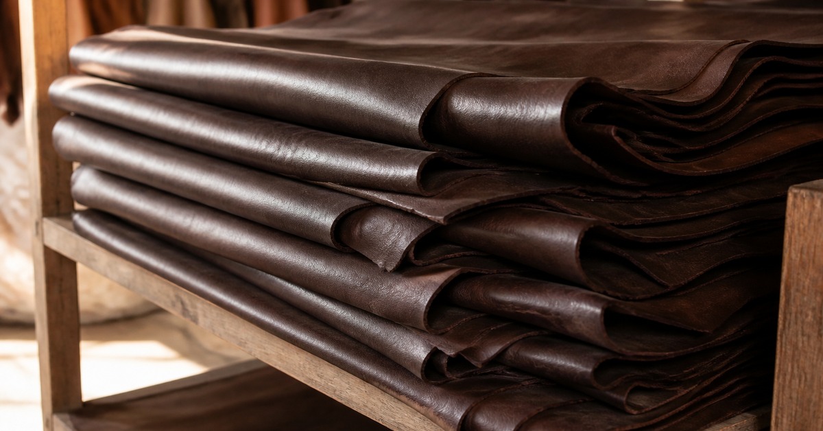 Neatly folded stacks of dark brown full-grain leather hides on a tannery rack before leather jacket cutting