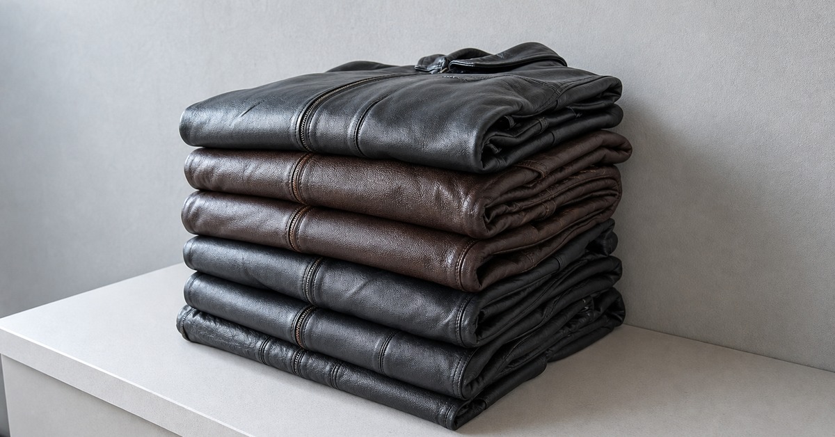 Neatly folded men's leather jackets stacked in layers ready for export packing