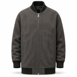 Men's Rock Grey Long Leather Bomber Jacket, Plain Icelandic Cut