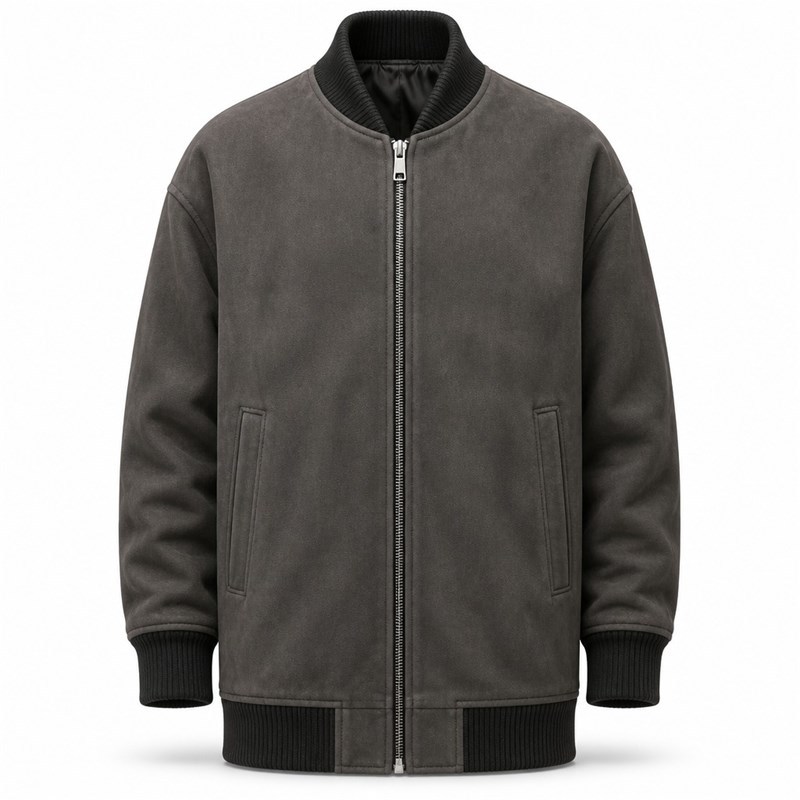 Men's Rock Grey Long Leather Bomber Jacket, Plain Icelandic Cut