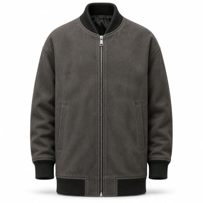 Men's Rock Grey Long Leather Bomber Jacket, Plain Icelandic Cut
