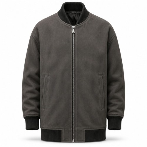 Men's Rock Grey Long Leather Bomber Jacket, Plain Icelandic Cut