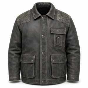 Men's Coal Grey Fisherman Workwear Leather Jacket, Icelandic Cut