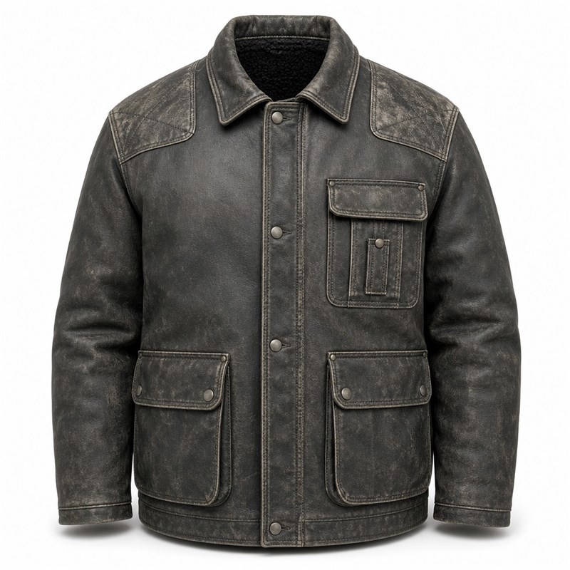 Men's Coal Grey Fisherman Workwear Leather Jacket, Icelandic Cut