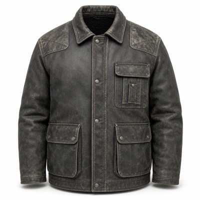 Men's Coal Grey Fisherman Workwear Leather Jacket, Icelandic Cut